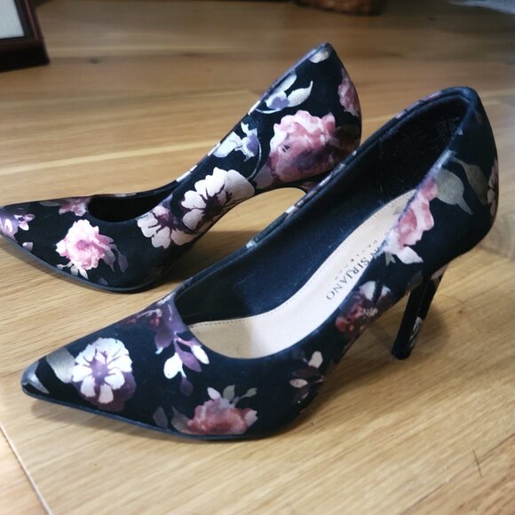 Chic Black Floral Pink Cream Lilac Design Silk Sheen Stiletto Heels 5.5 Comfort - Picture 5 of 16
